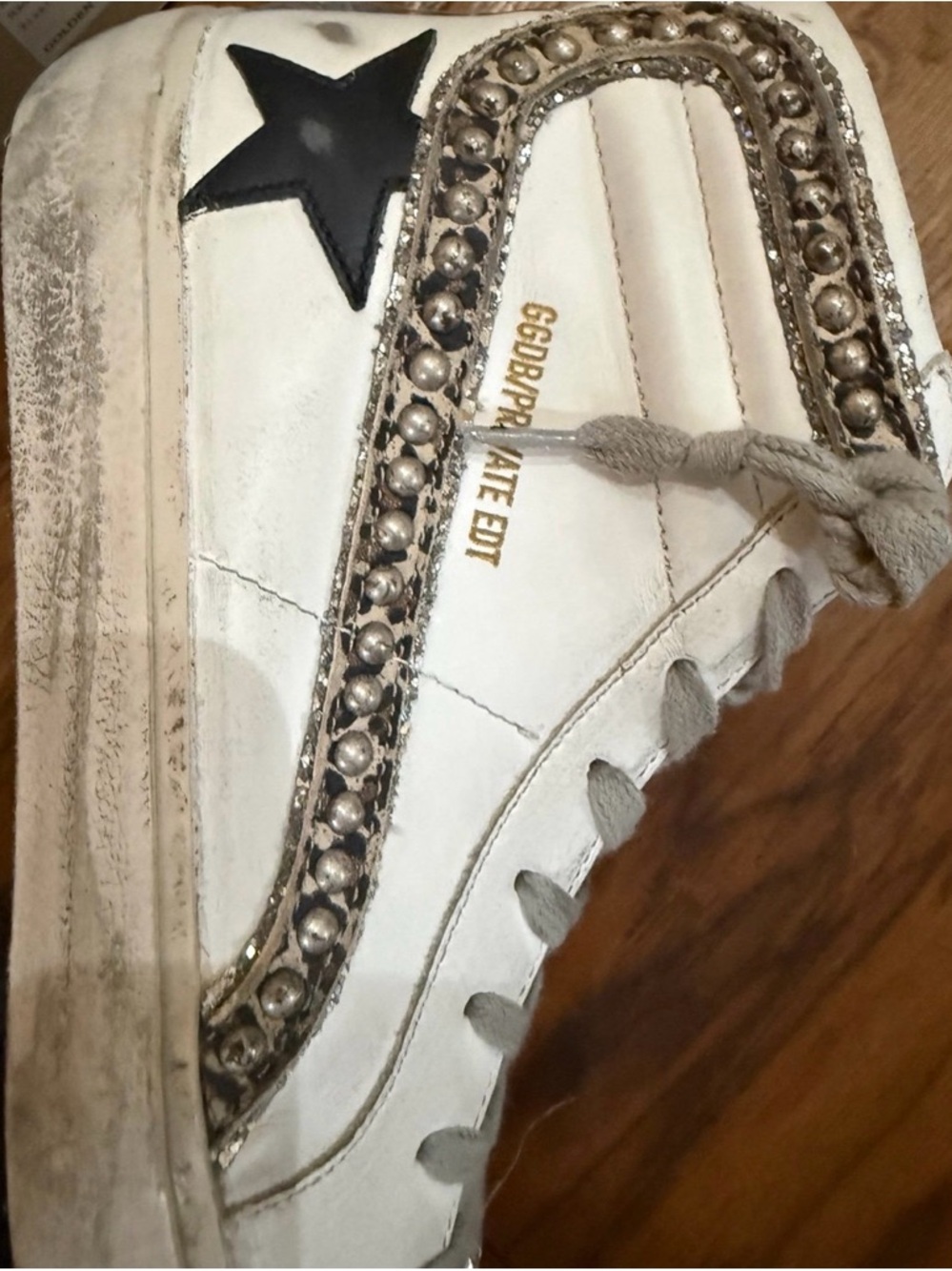 Golden Goose White Leather Sneakers with Black Star and Metallic Stud Trim